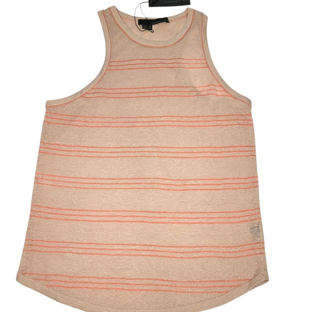 Women's 100% Linen Tan w/ Coral Stripes Summer Top Sz Medium Effortless Chic